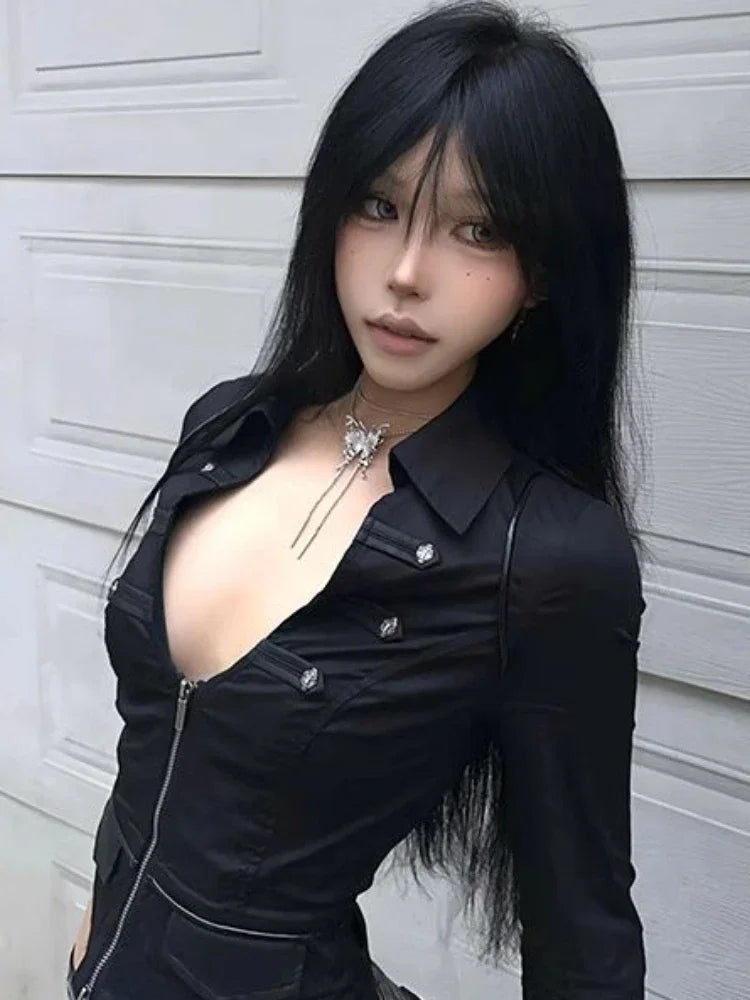 Y2k Aesthetic Women Sexy Blouse Solid Double Zippers Slim Fit Grunge Shirt Harajuku Turn Down Collar Streetwear Cropped Tops
