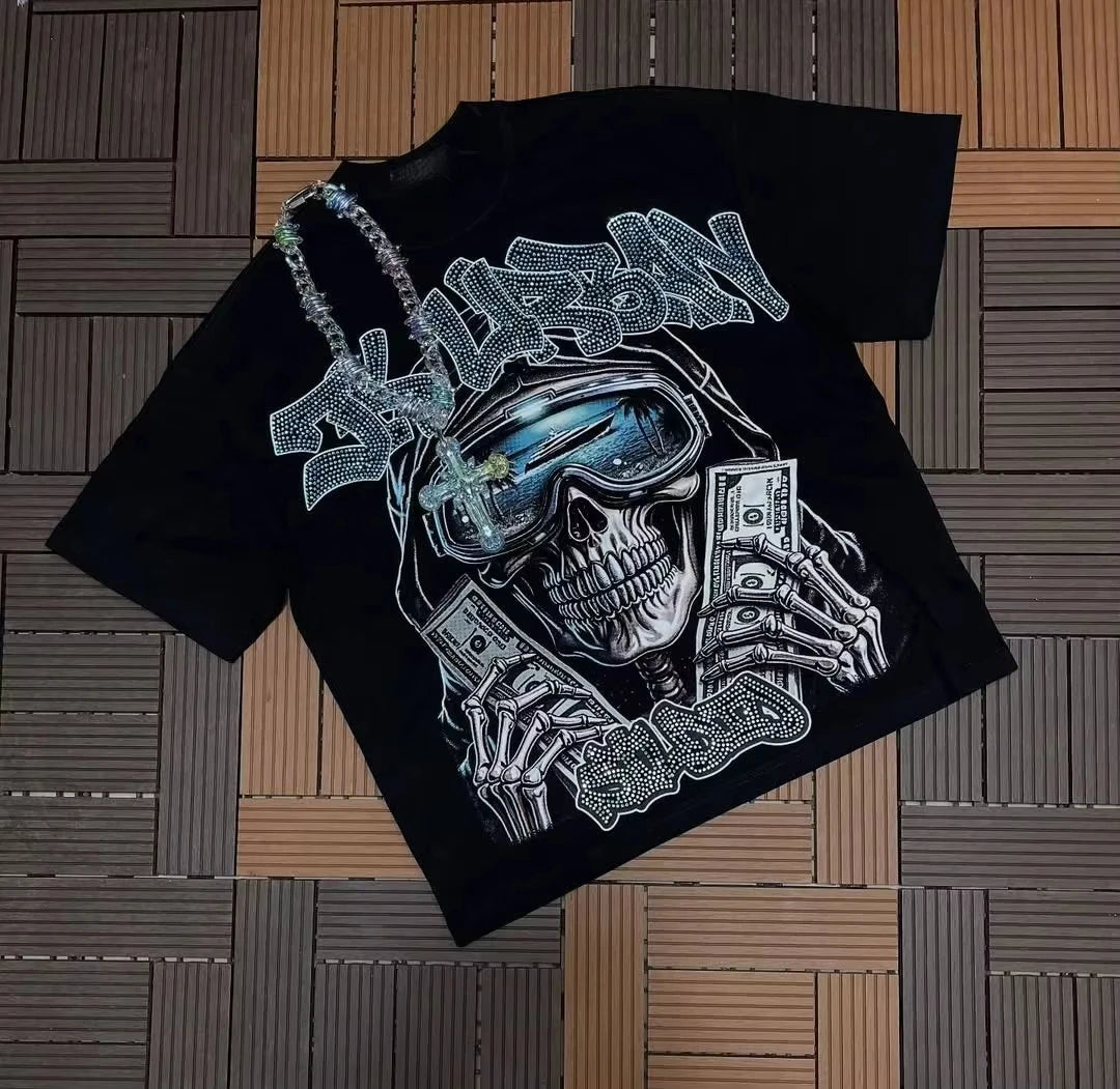 Y2K Skeleton US Dollar Street Trendy Brand T-Shirt Cotton Graphic Tee Men Women Summer Streetwear