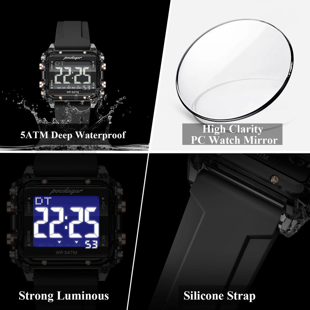 POEDAGAR Fashion Top Digital Men Watch Week Date Alarm Man Wristwatch Waterproof LED Electronic Sports Men's Watches Male Reloj