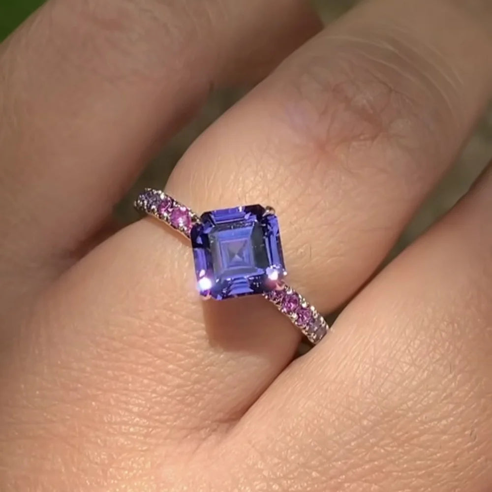 New Square Colored Diamond Women's Ring, Amethyst Zircon Jewelry Simple European and American Jewelry Wholesale