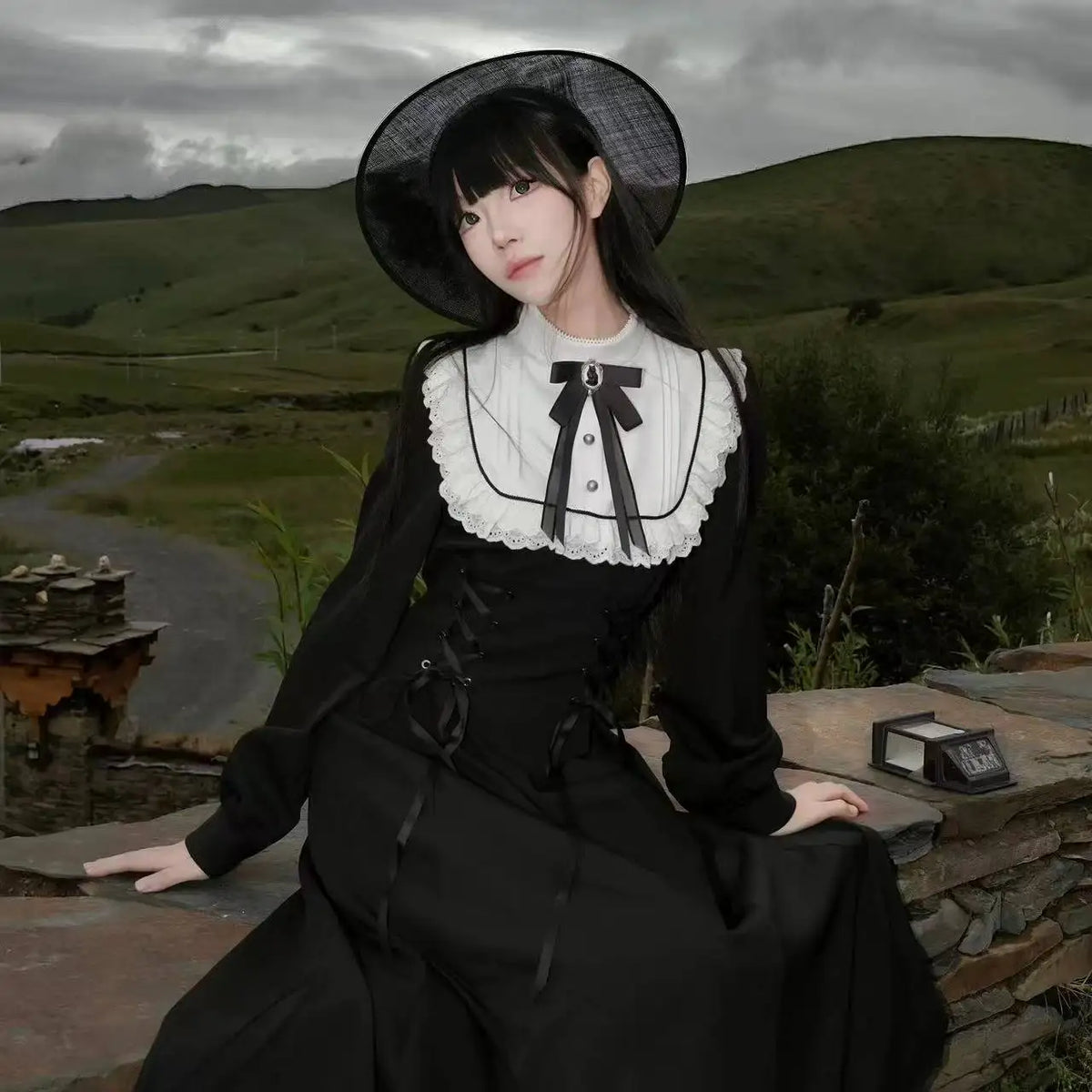 Gothic Vintage Midi Dress Women Party Kawaii Lolita Bow Dresses New Harajuku Lace Patchwork dress Vestidos