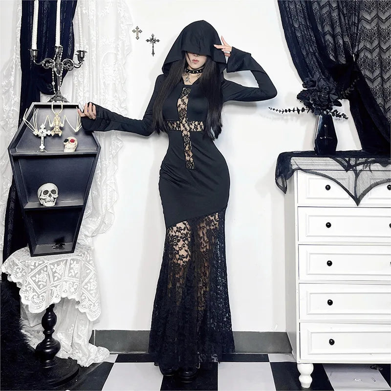 Goth Dark Elegant Fashion Women Hooded Dress Mall Gothic Cross Hollow Out Lace Spliced Partywear Acubi Sexy Bodycon Dresses Slim