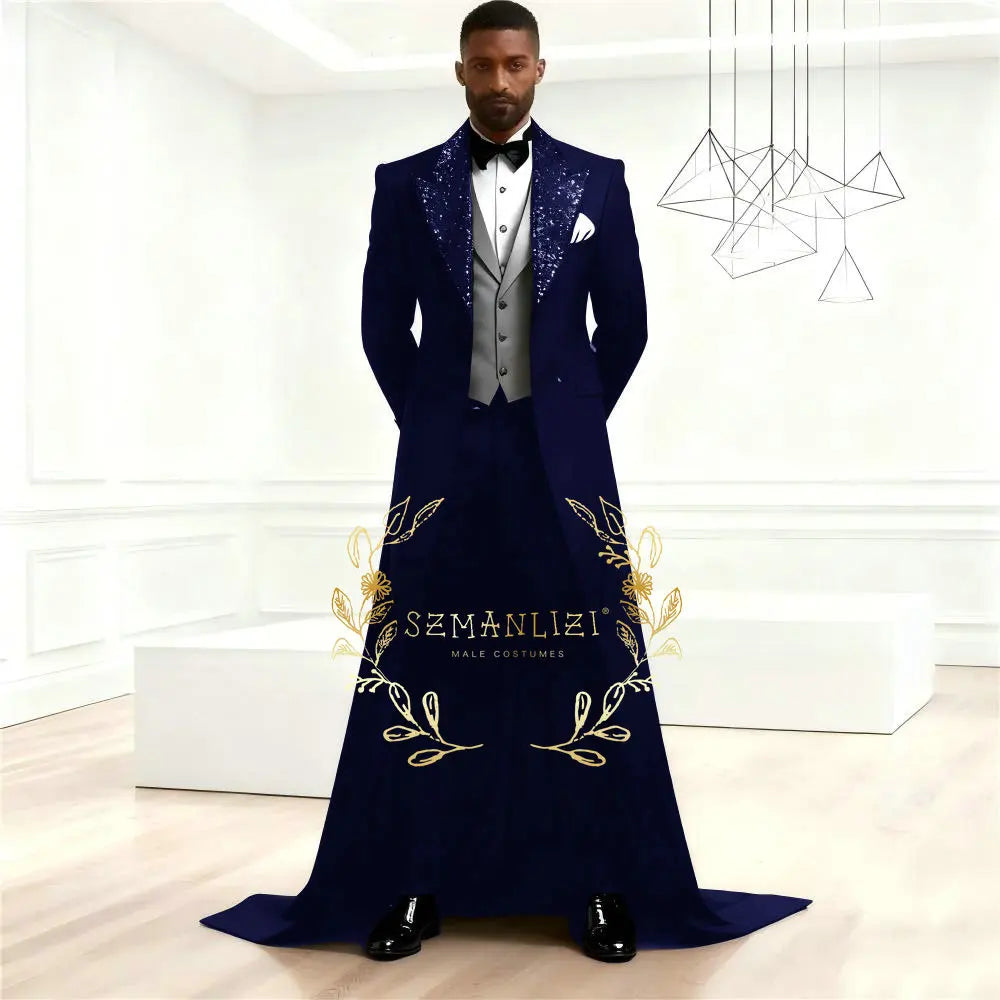 Elegant Men Suit Sets Fashion Black Long Jacket Sequin Lapel Outfits Wedding Evening Dinner Male Blazer Vest Pants 3 Pieces