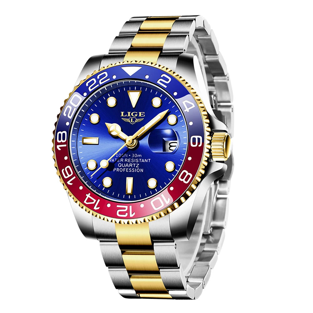 LIGE Top Original Men Quartz Watches Blue Waterproof Watch for Men Stainless Steel Quartz Men Luxury Watch Luminous Wristwatch