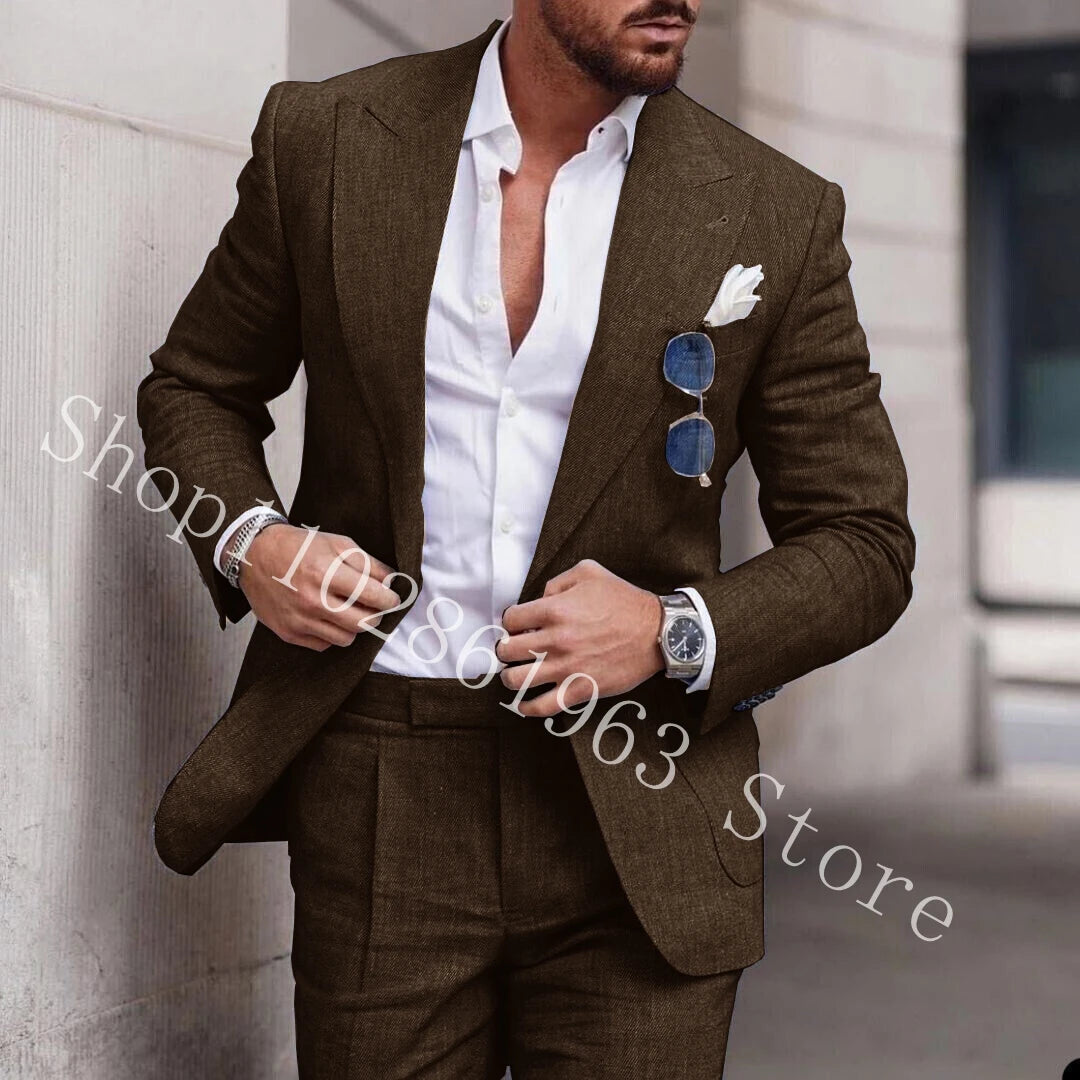 2023 White Linen Suits For Men Slim Fit Peak Lapel 2 Pieces Best Men Groom Wear Wedding Tuxedos Blazer+Pants Trajes De Hombre