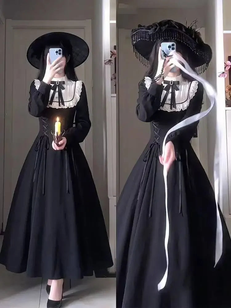 Gothic Vintage Midi Dress Women Party Kawaii Lolita Bow Dresses New Harajuku Lace Patchwork dress Vestidos