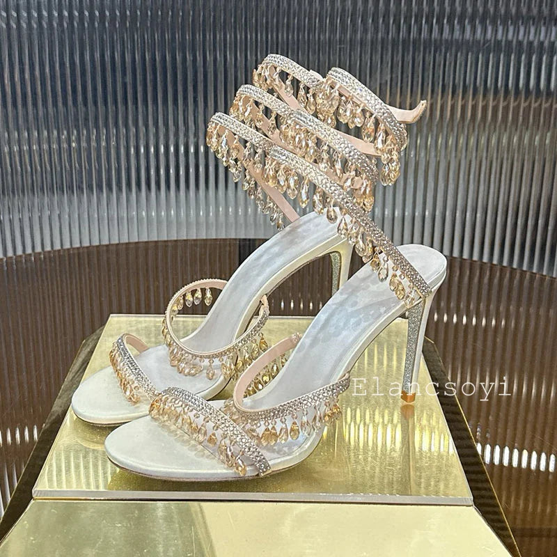 High Heels Sandals Women Shiny Crystal Pendant Ankle Snake Twine Around Prom Shoes Summer Fashion Stiletto Bohemian Sandalias