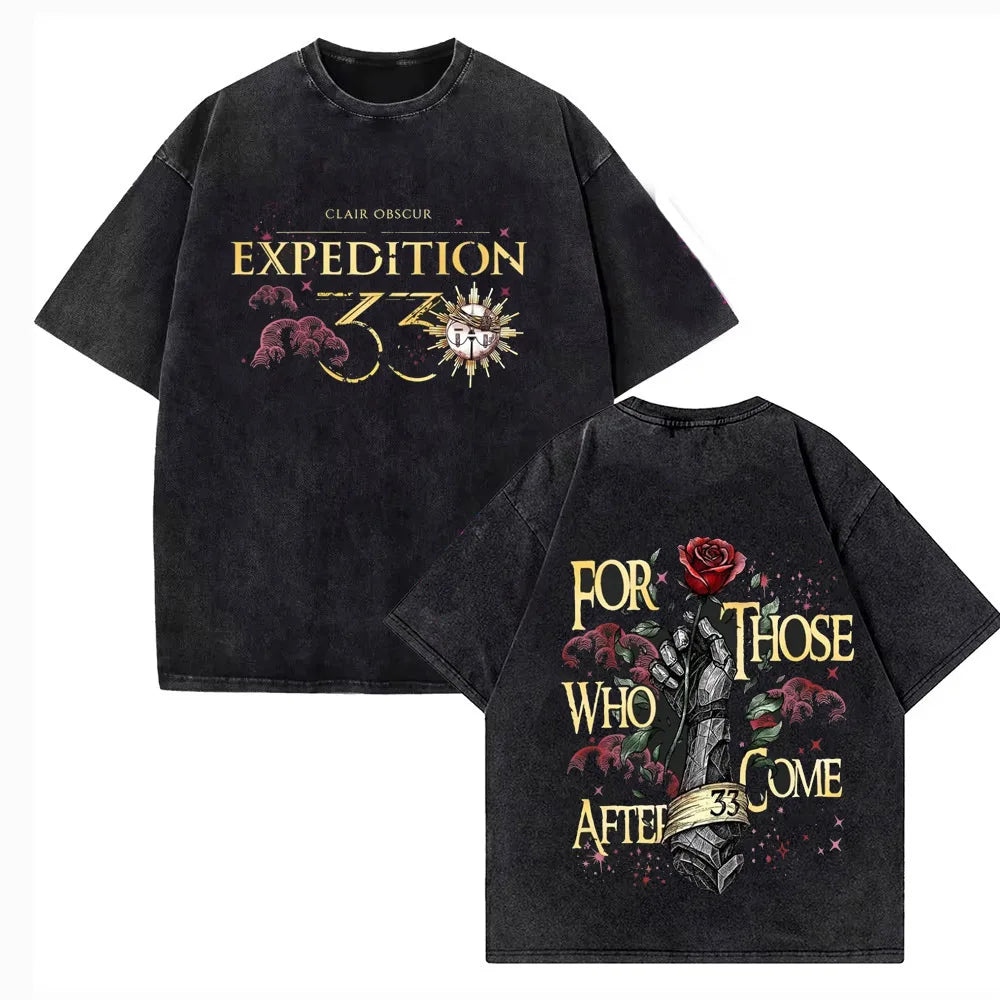 Game Clair Obscur Expédition 33 Vintage Washed T Shirts Men's Women Casual High Quality Cotton T-shirt Fans Streetwear