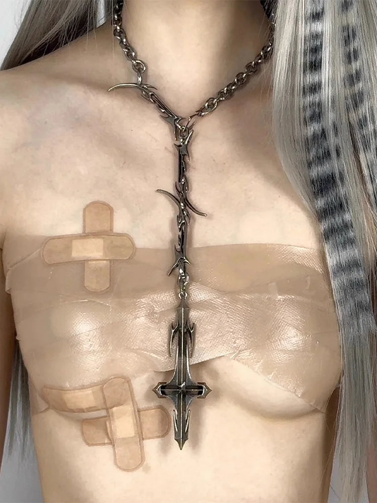 Gothic Cross Chain Jewelry Set for Women Men, Punk Statement Necklaces Rings Accessories, Edgy Party Jewelry Collection