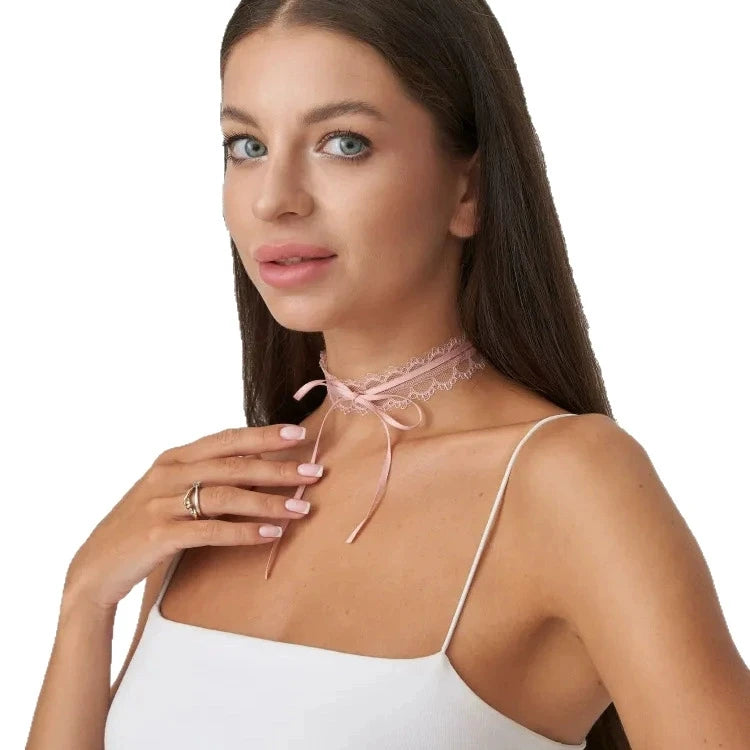 Gothic Aesthetic Vintage Cute Bowknot Heart Pink Lace Choker Necklace For Women Y2K Party Jewelry Accessories Gift