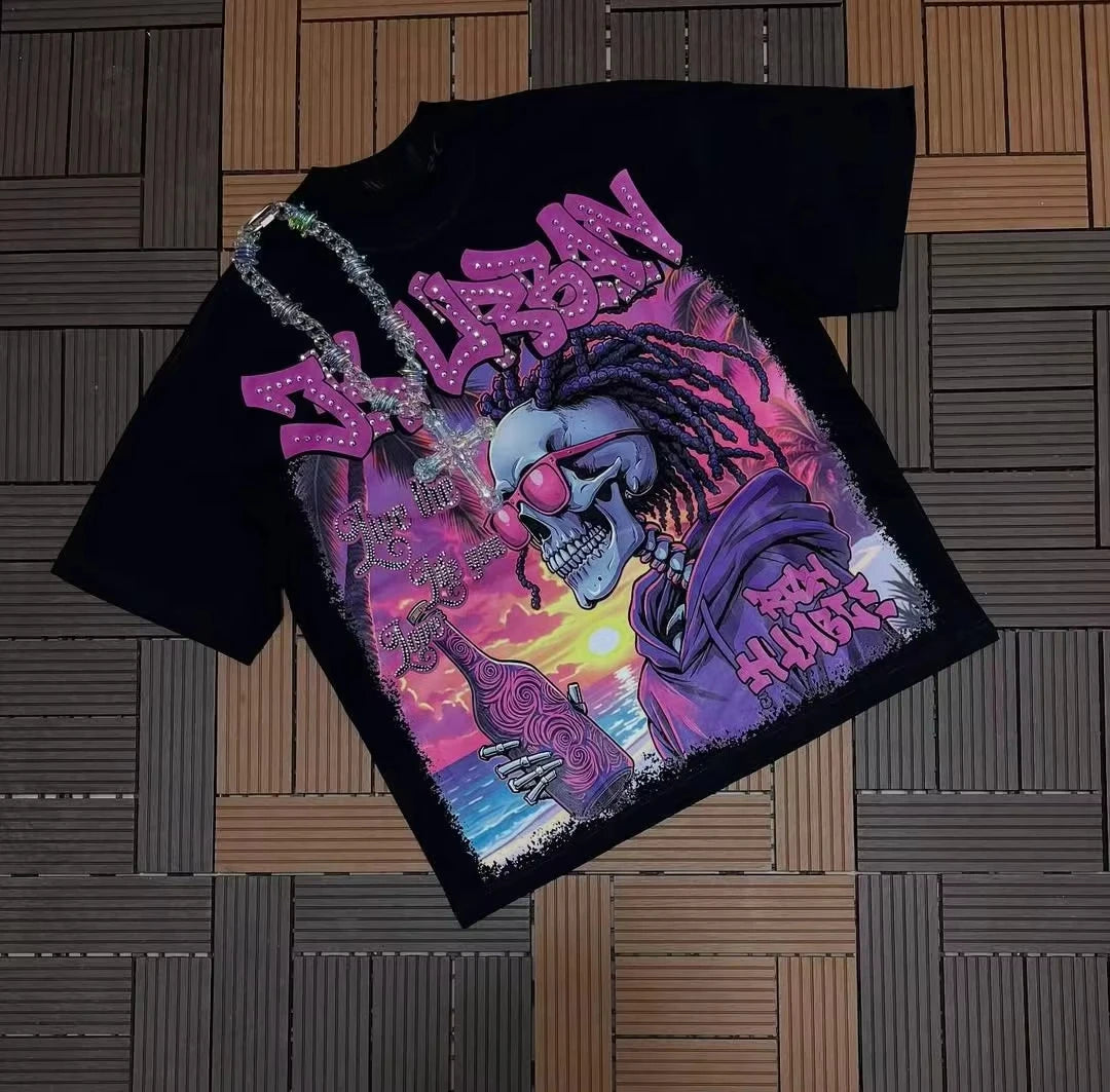 Y2K Skeleton US Dollar Street Trendy Brand T-Shirt Cotton Graphic Tee Men Women Summer Streetwear