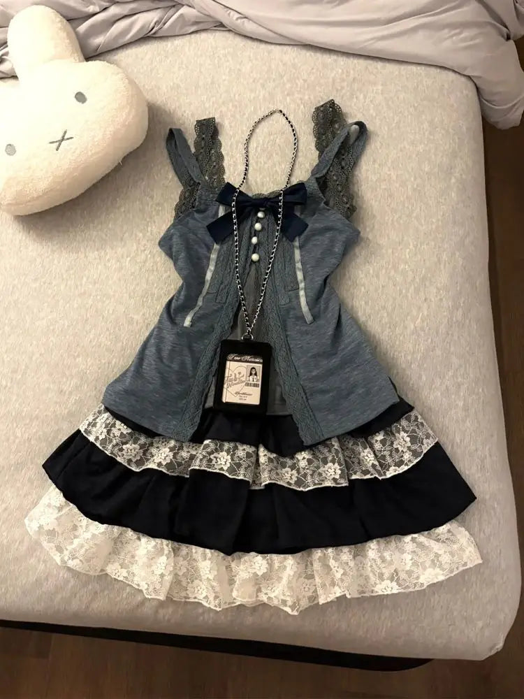 Y2K Japanese Daily Casual 3 Piece Matching Suit Women French Vintage Retro Crop Top Mini Skirt Autumn American Street Outfit