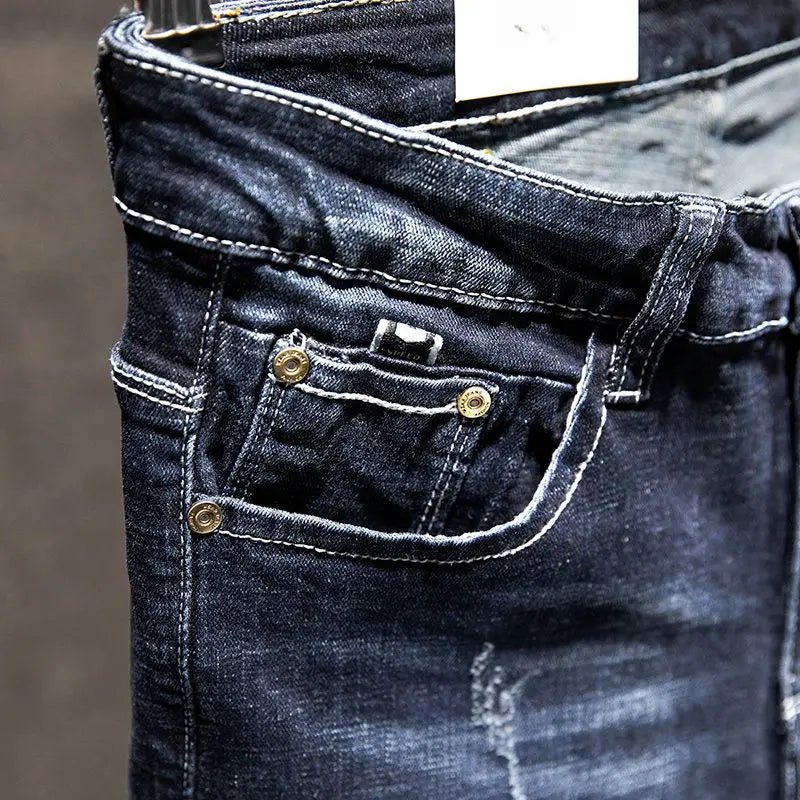 American Elastic Straight Jeans Men Ripped Worn-out Slim-fit Cotton Denim Pants Korean Style Fashion Trousers Men's Clothing
