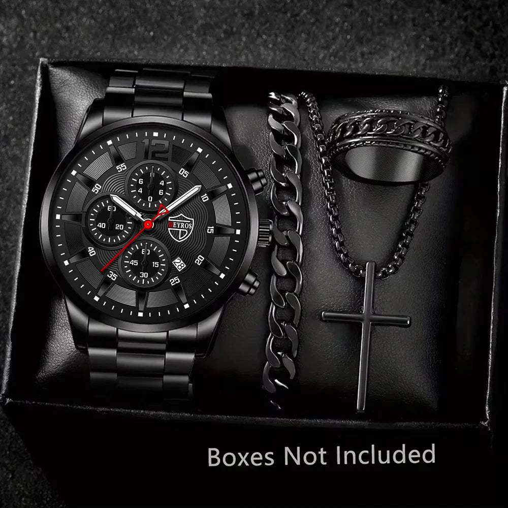 4pcs Classic Black Men's Watch Quartz Watches Are Suitable for Everyday Wear