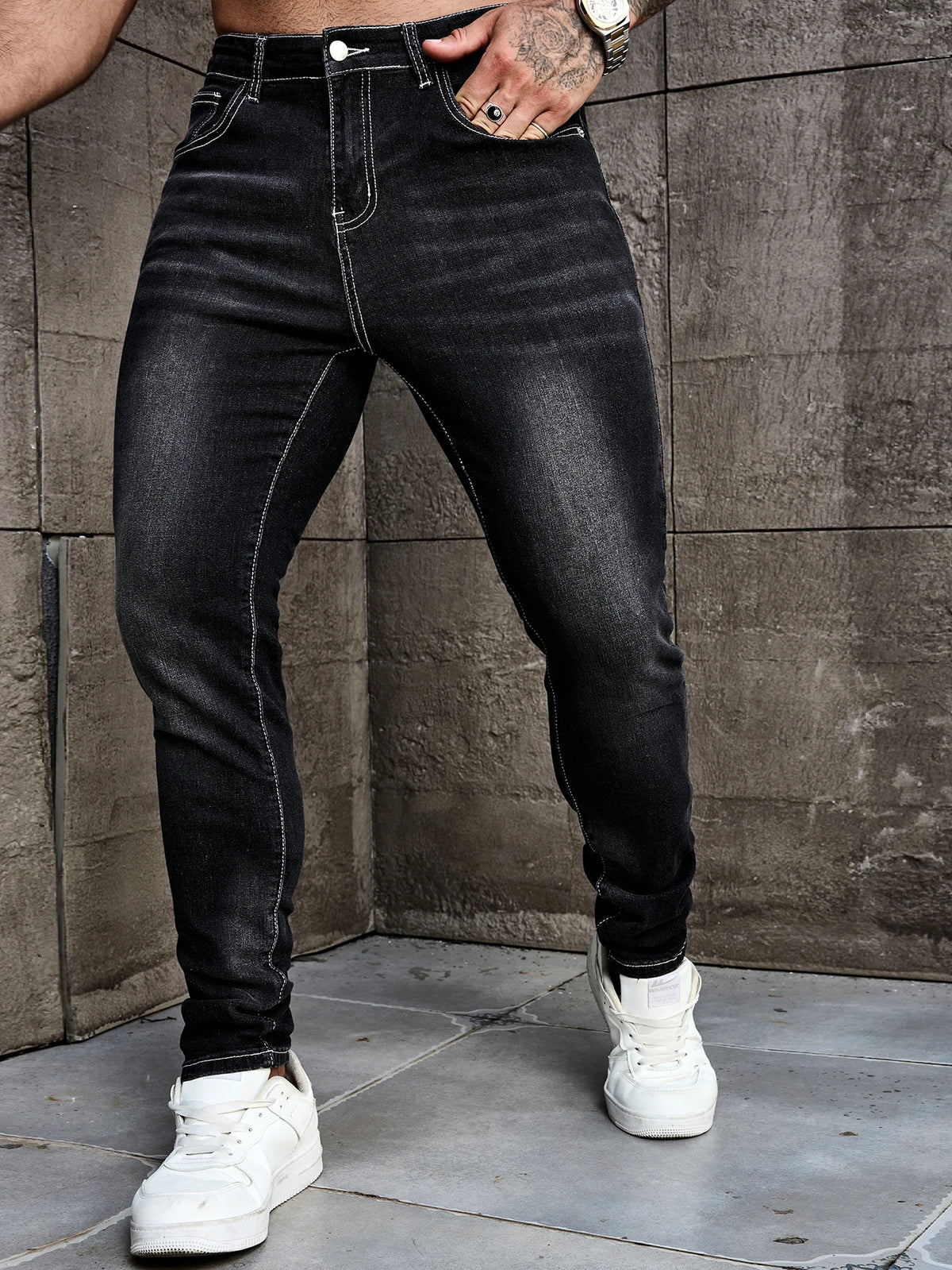 Men Jeans Denim Pants Clothing Trousers Men's Casual Black Washed Slim Fit Stretch Skinny Denim Pants