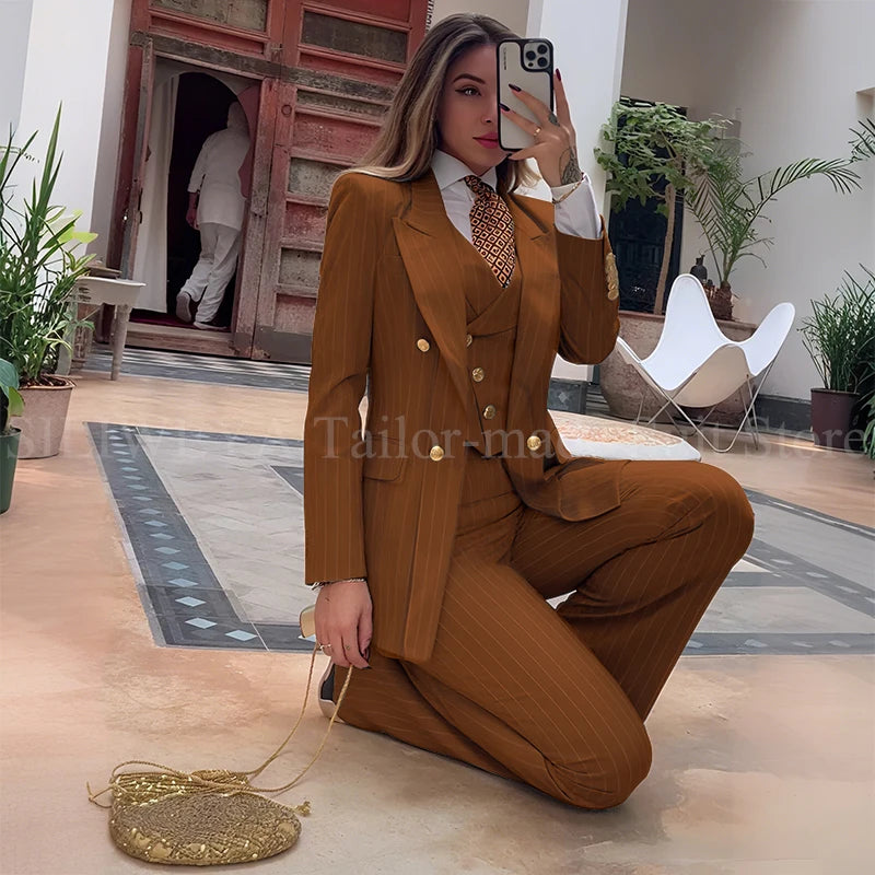 Luxury Green Striped Women Suit Double Breasted 3 Piece Jacket Vest Pants Female Clothing Slim Fit Formal Office Lady Blazer Set