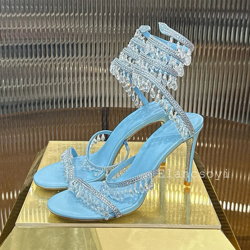 High Heels Sandals Women Shiny Crystal Pendant Ankle Snake Twine Around Prom Shoes Summer Fashion Stiletto Bohemian Sandalias
