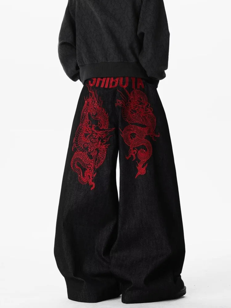 2026 American Retro Y2K Style Red Dragon Embroidery Baggy Jeans Pants For Men Clothing Straight Denim Trousers Pantalon Hombre