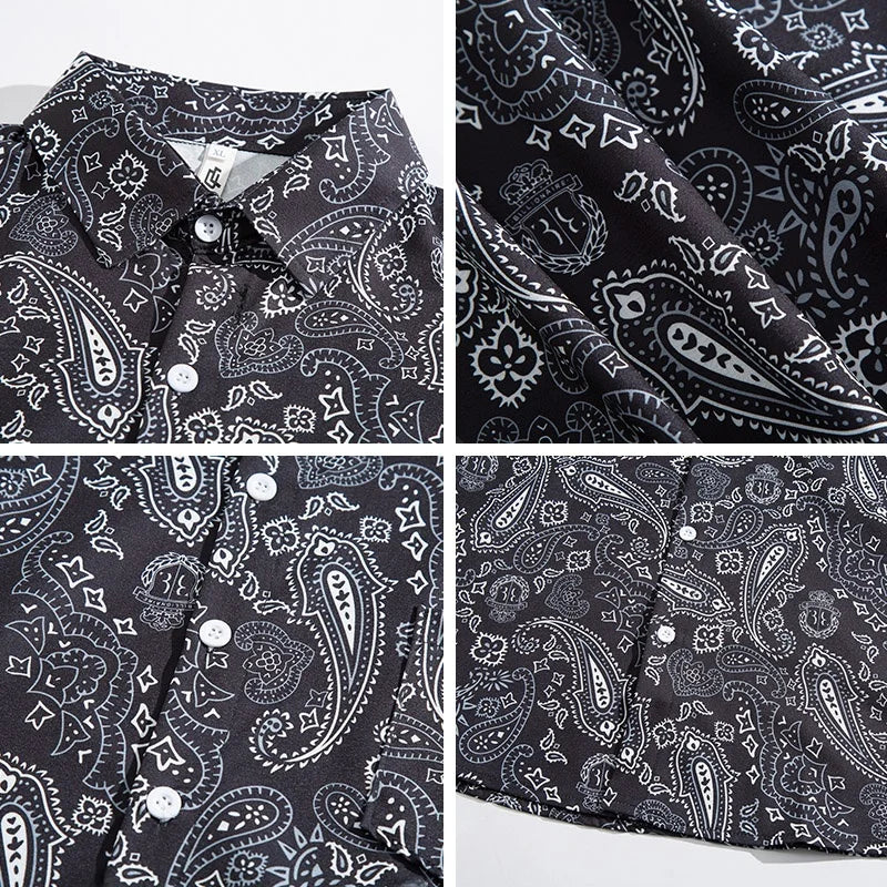 Memz High Street Long Sleeve Loose Fit Men's Shirt Hong Kong Style Square Collar Versatile Fashionable Printed Texture Design