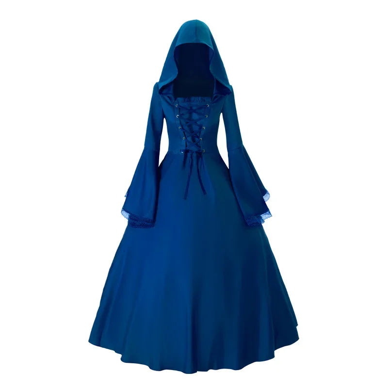 Gothic Medieval Dress Retro Fashion Big Swing Long Sleeve Tie Waist Hooded Dress Lace Trumpet Sleeve Dress Halloween Costume
