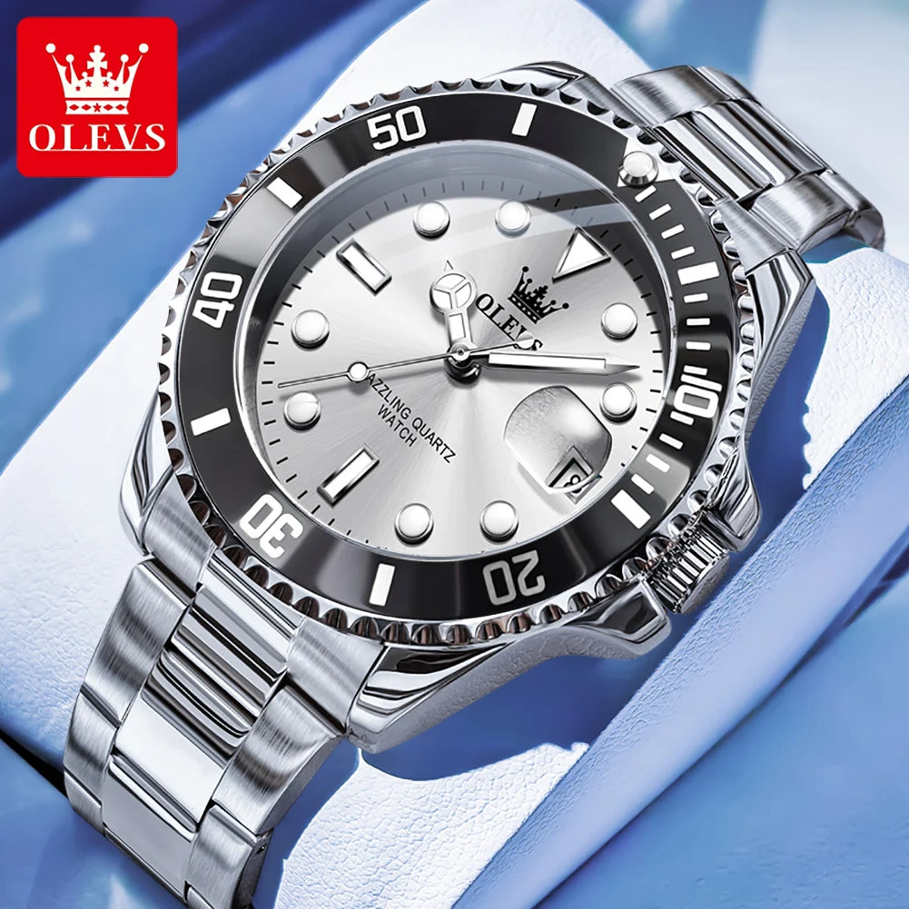 OLEVS Men's Watches Classic Luxury Fine Steel Strap Big Date Original Quartz Wristwatch for Man Waterproof Luminous Trend Dress