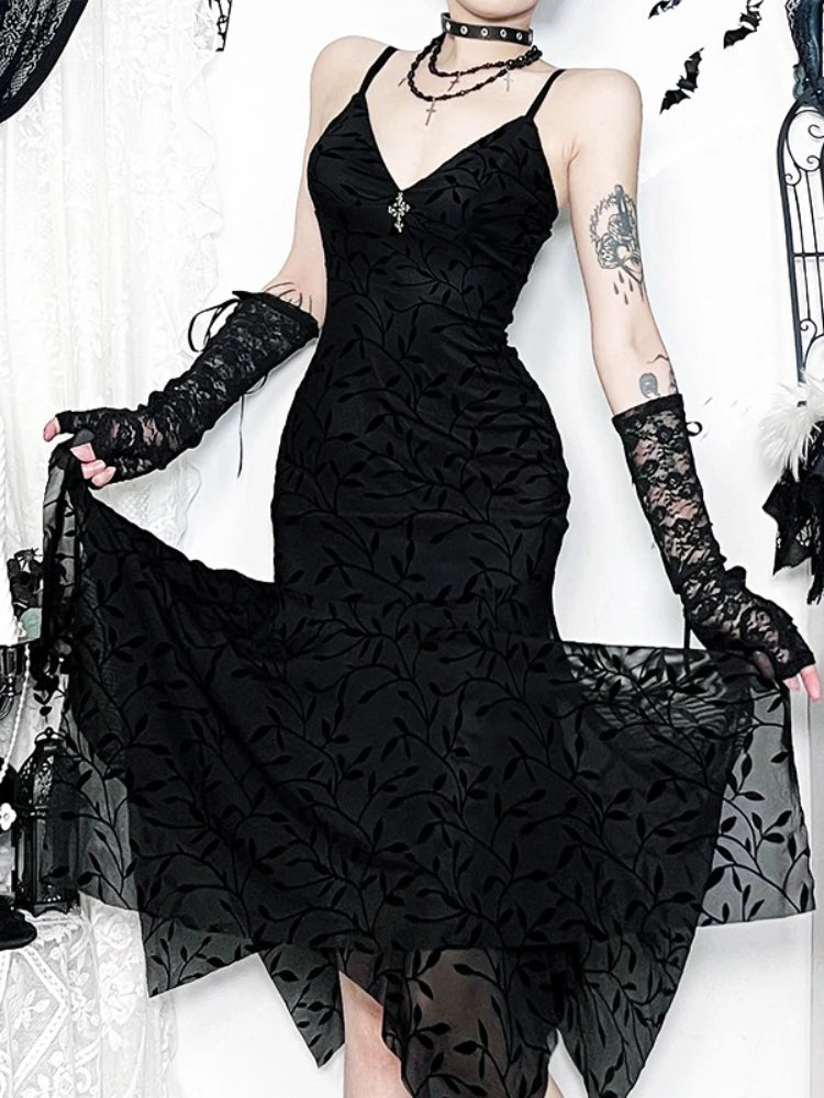 AltGoth Fairycore Grunge Gothic Flocking Dress Women Dark Vintage Elegant Spaghetti Strap High Waist Irregular Hem Dress Female