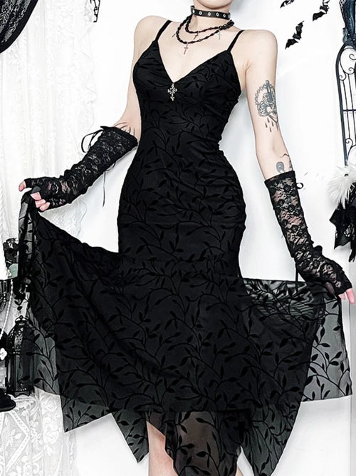 AltGoth Fairycore Grunge Gothic Flocking Dress Women Dark Vintage Elegant Spaghetti Strap High Waist Irregular Hem Dress Female