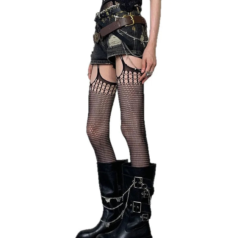 Gothic Girls Fishnet Stockings with Belt Set Punk Goth Harajuku Women Sexy Mesh Bottomed Pantyhose Open Crotch Thigh High Socks
