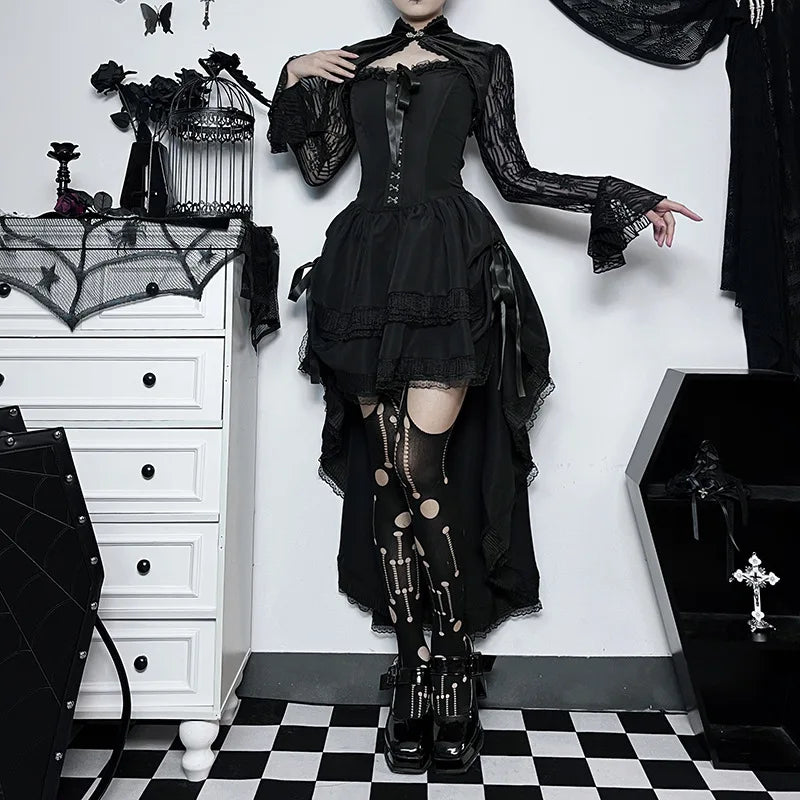 Women's Dress Gothic High Low Swing Asymmetric Vintage Goth Black Lace Elastic Waist Pleated Bodycon Dresses