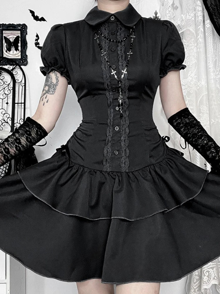 AltGoth Gothic Dark Vintage Dress Women Aesthetic Streetwear Harajuku Grunge Lace Patchwork High Waist Bow Party Dress Female