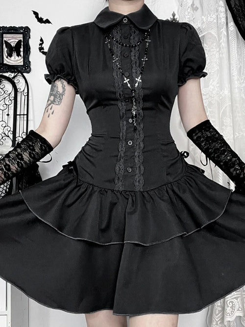 AltGoth Gothic Dark Vintage Dress Women Aesthetic Streetwear Harajuku Grunge Lace Patchwork High Waist Bow Party Dress Female