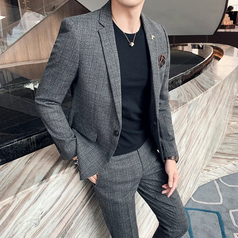 ( Blazer + Pants ) High-end Brand Formal Business Plaid Mens Suit Groom Wedding Dress Solid Color Stage Performance Tuxedo S-7XL