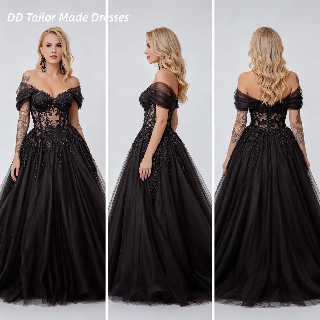Gothic Black Wedding Dress Off The Shoulder Sweetheart Sheer Lace Beaded Tulle Long Elegant Vintage Bridal Gown Customized