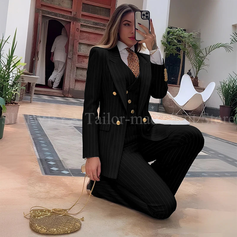 Luxury Green Striped Women Suit Double Breasted 3 Piece Jacket Vest Pants Female Clothing Slim Fit Formal Office Lady Blazer Set