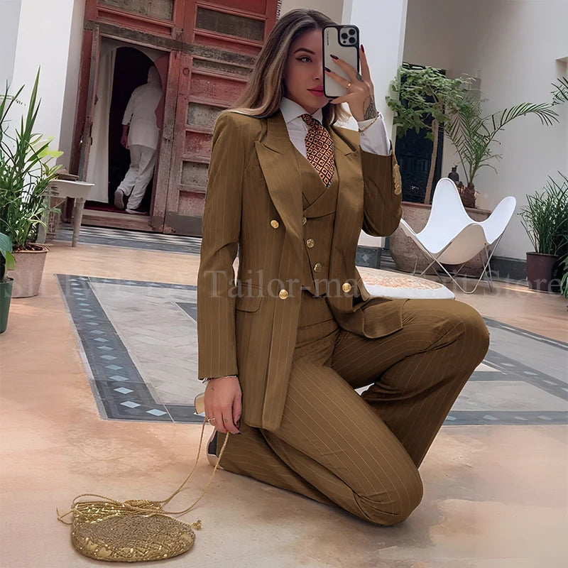 Luxury Green Striped Women Suit Double Breasted 3 Piece Jacket Vest Pants Female Clothing Slim Fit Formal Office Lady Blazer Set