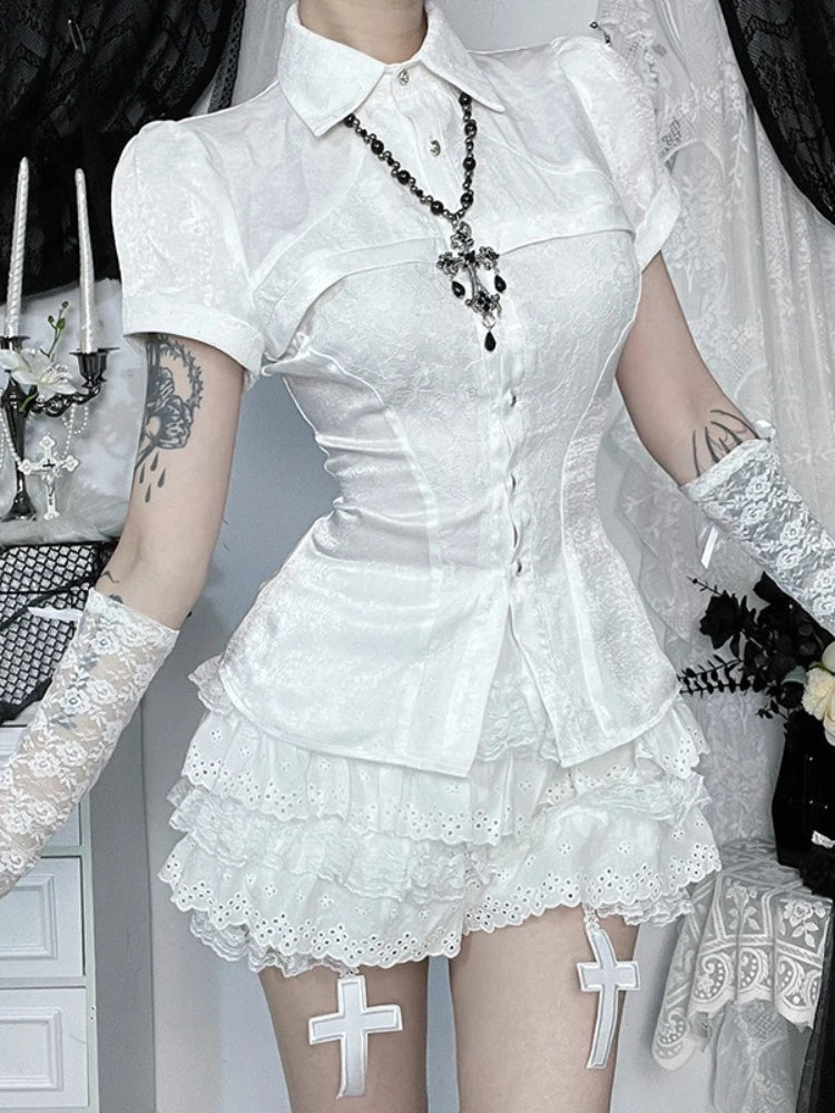 AltGoth Fairycore Grunge Gothic Shirt Women Aesthetic Vintage Cosplay Lace Patchwork Short Sleeve Blouse Kawaii Lolita Clothes