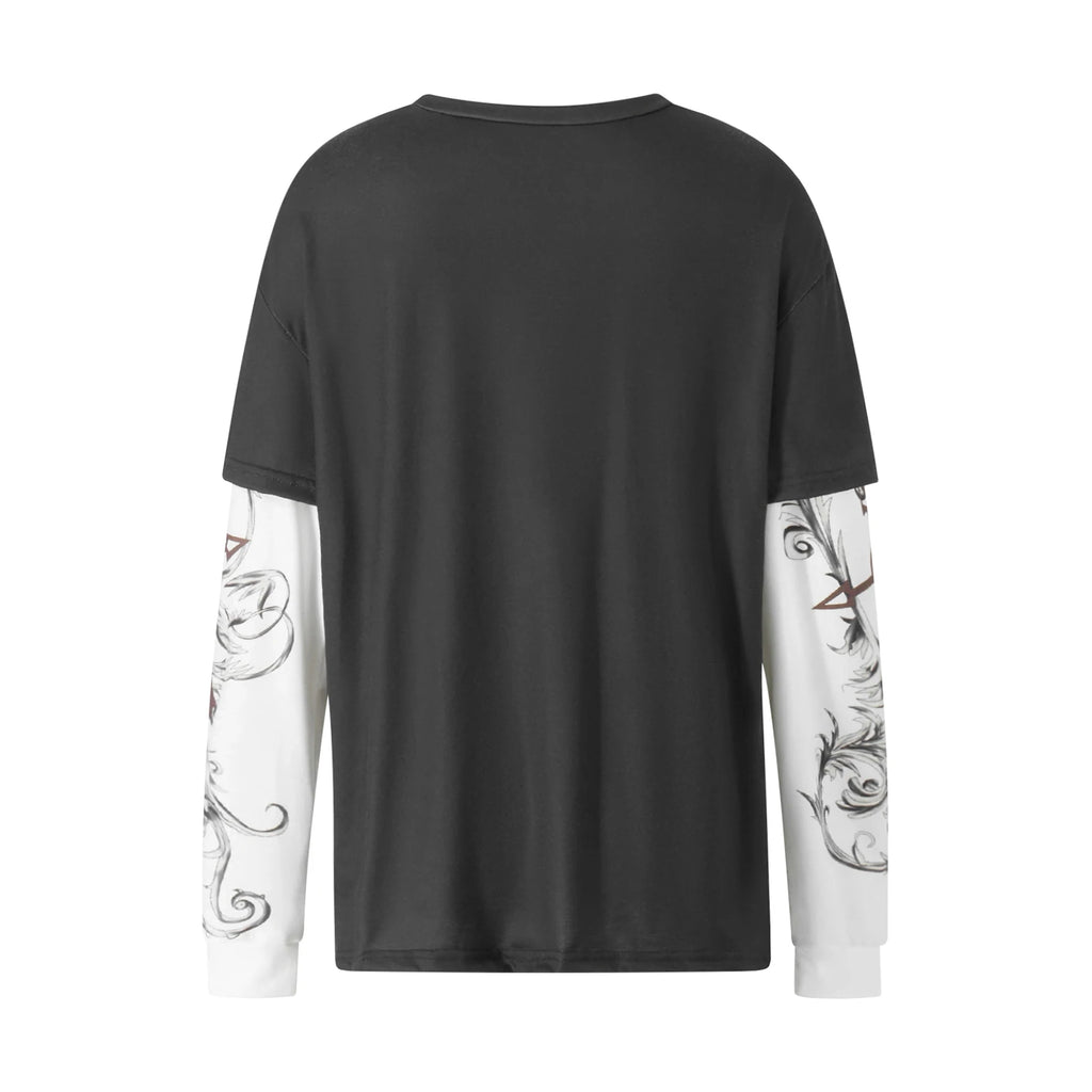 Mall Goth Y2K Aesthetics Grunge Tees Retro Heart Sword Print T Shirt Women Long Sleeve Slim Fit Sweats Tops 90s Vintage Clothes