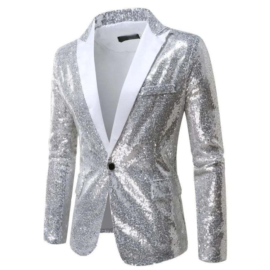 Blazer Long Sleeve Suits Men Two Pieces Sequins Blazers Single Button Business Jackets Straight Pants Ankle Length Pockets Party