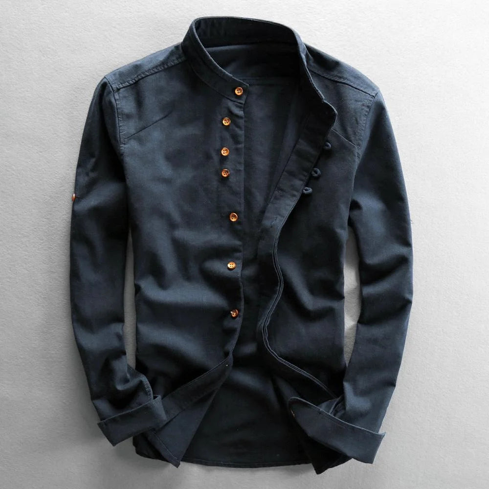 Spring Mens Shirt Japan Vintage Style Premium Linen Stand Collar Slim Fit Single Breasted Simple Design Casual Shirts Fashion