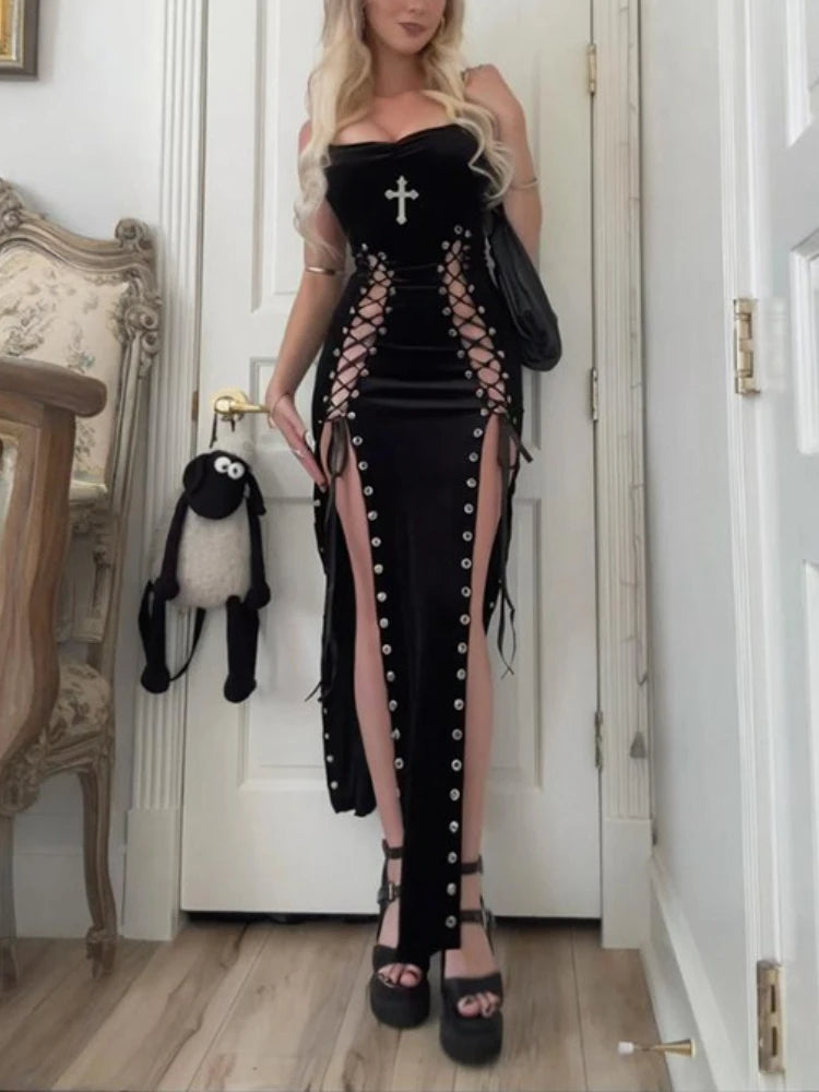 AltGoth Gothic Dark Velvet Dress Women Sexy Streetwear Y2k E-girl Harajuku Grunge High Waist Split Lace-up Party Dress Female