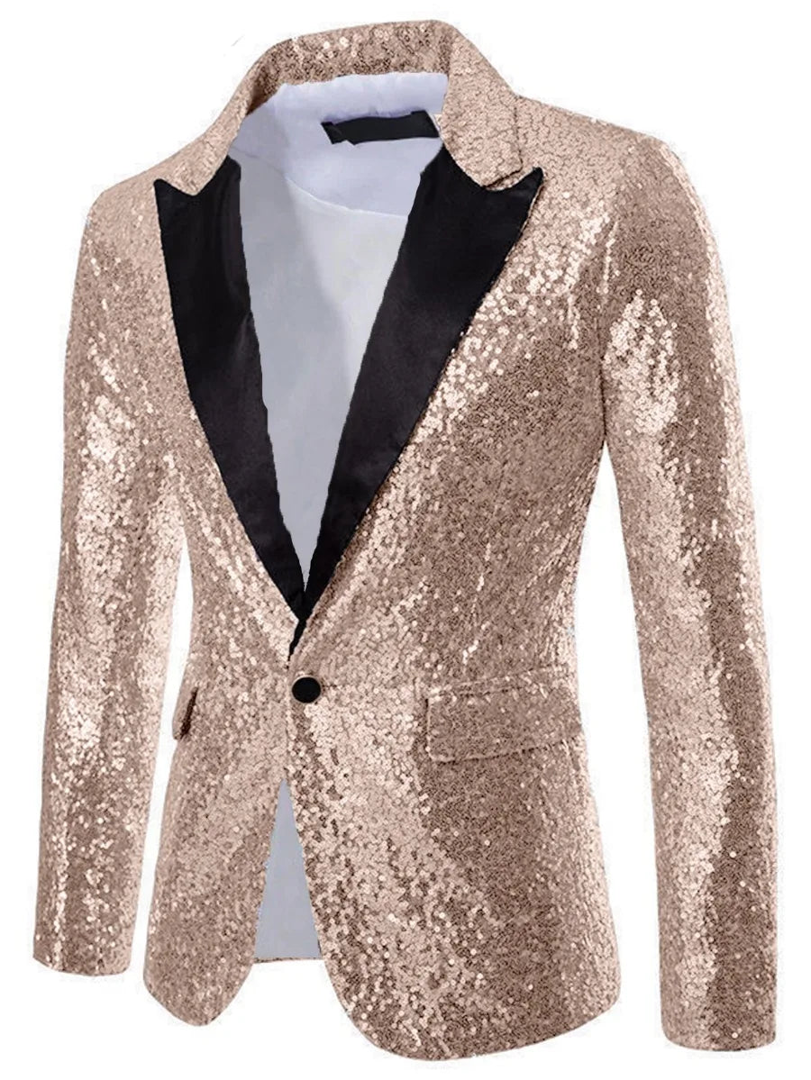 Blazer Long Sleeve Suits Men Two Pieces Sequins Blazers Single Button Business Jackets Straight Pants Ankle Length Pockets Party