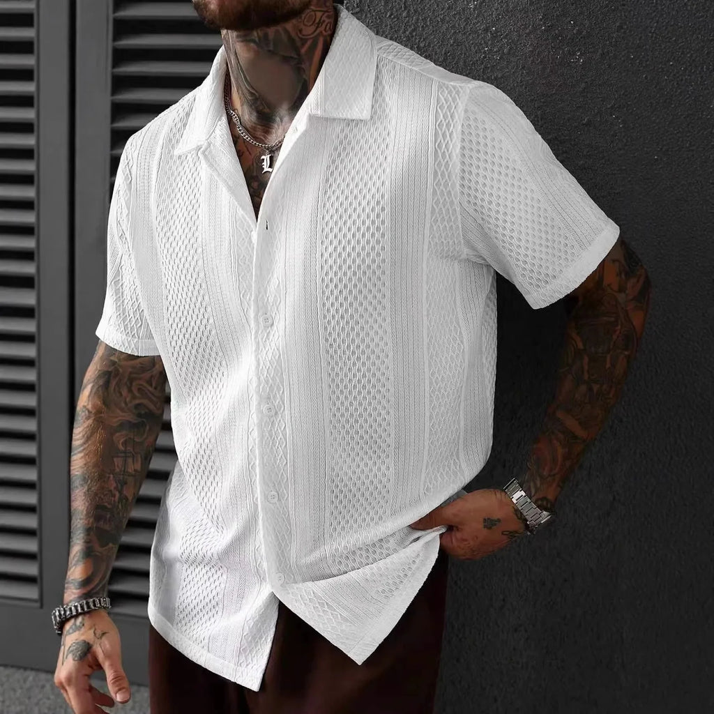 Men's White Hollow Knit Short Sleeve Shirt Summer Breathable French Loose Fit Casual Streetwear Top Lightweight