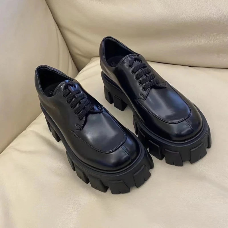 leather Loafers women's shoes spring and  autumn   platform shoes lace-up single shoes Plus size 35-43 size ladies casual flat