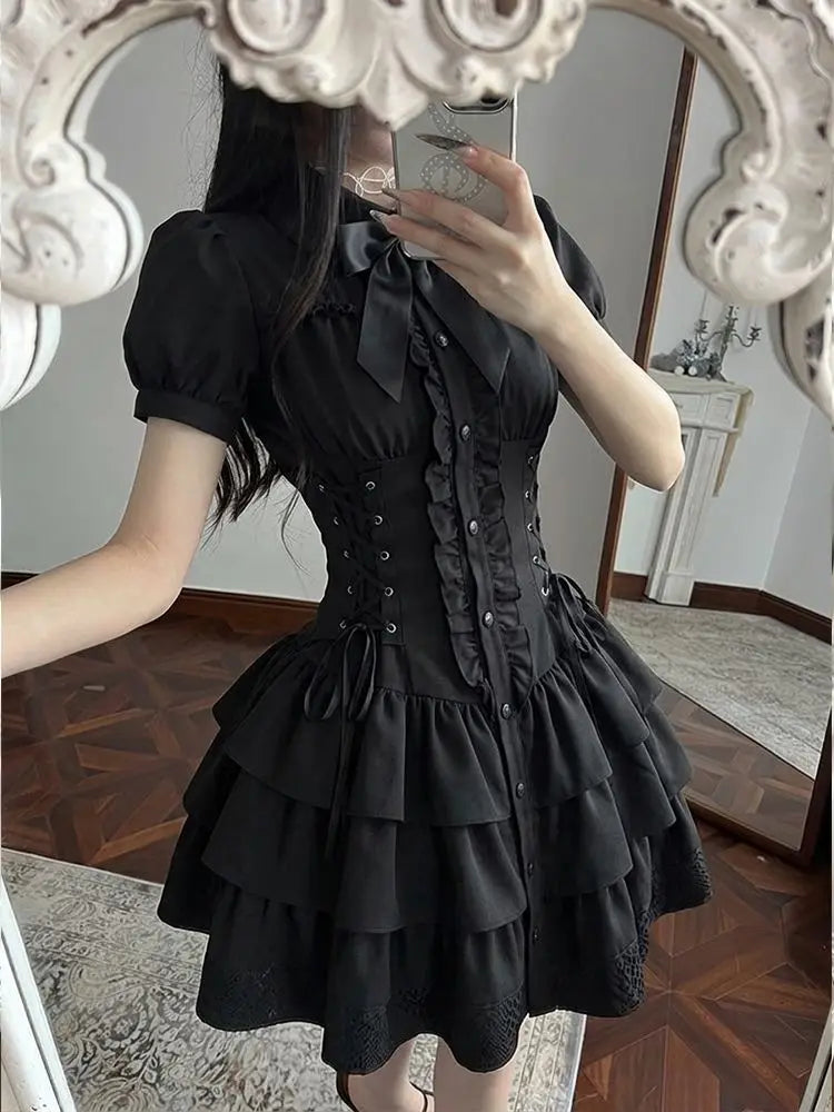 Gothic New Y2k Summer Elegant Dress Women Designer Vintage Aesthetic Skinny Bow Black Spicy Girl A-shaped Dresses Female 2026