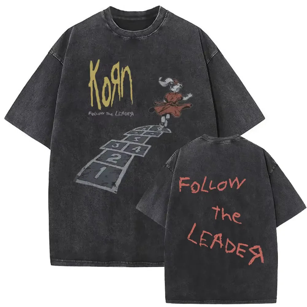 New Washed Vintage Alternative Nu Metal Rock Band Korn Print Tshirt Men Oversized T-shirts Male Fashion T Shirts Y2k Streetwear