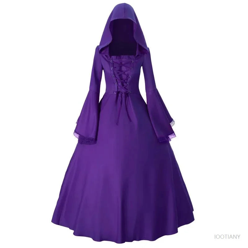 Gothic Medieval Dress Retro Fashion Big Swing Long Sleeve Tie Waist Hooded Dress Lace Trumpet Sleeve Dress Halloween Costume