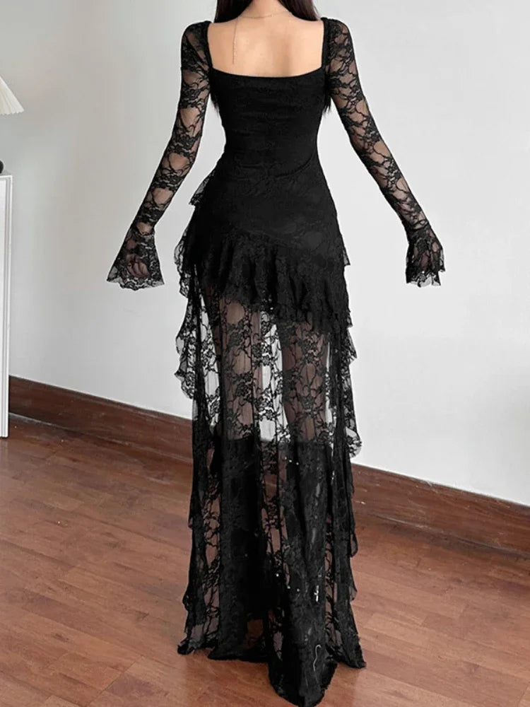 AltGoth Mall Goth Fairycore Dress Women Vintage Aesthetic Elegant Sweet Sexy See Through Irregular Hem High Waist Corset Dress