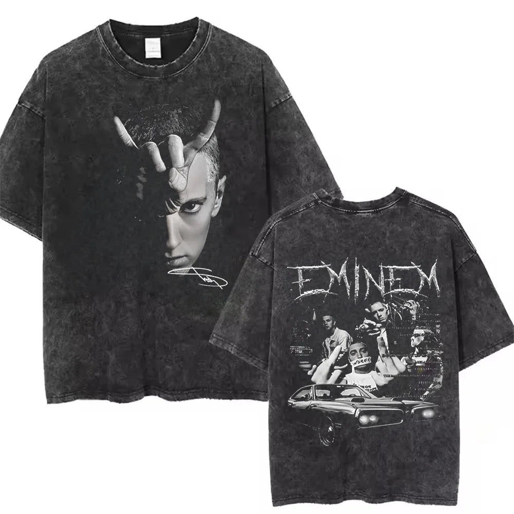 90s Rapper Eminem World Tour Music Washed T-shirt Unisex Gothic Streetwear Graphic T Shirts Men's Cool Hip Hop Vintage