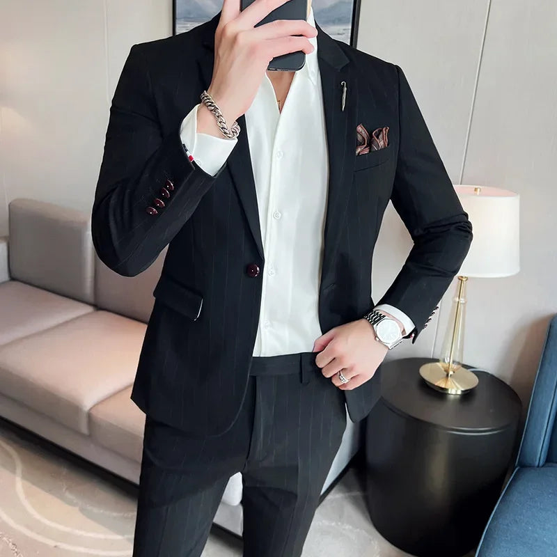 ( Blazer + Pants ) High-end Brand Formal Business Plaid Mens Suit Groom Wedding Dress Solid Color Stage Performance Tuxedo S-7XL