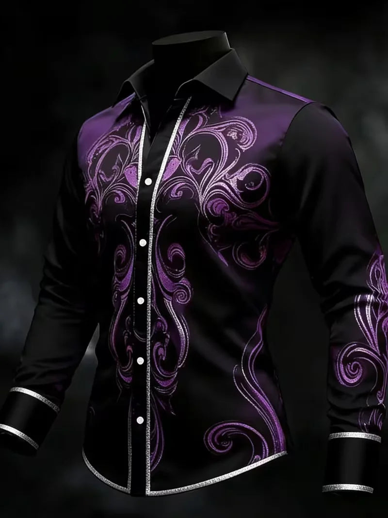 New Men's White Rose Pattern 3D Printed Shirt, High-Quality Casual and Fashionable Long Sleeved Shirt, Lapel Top
